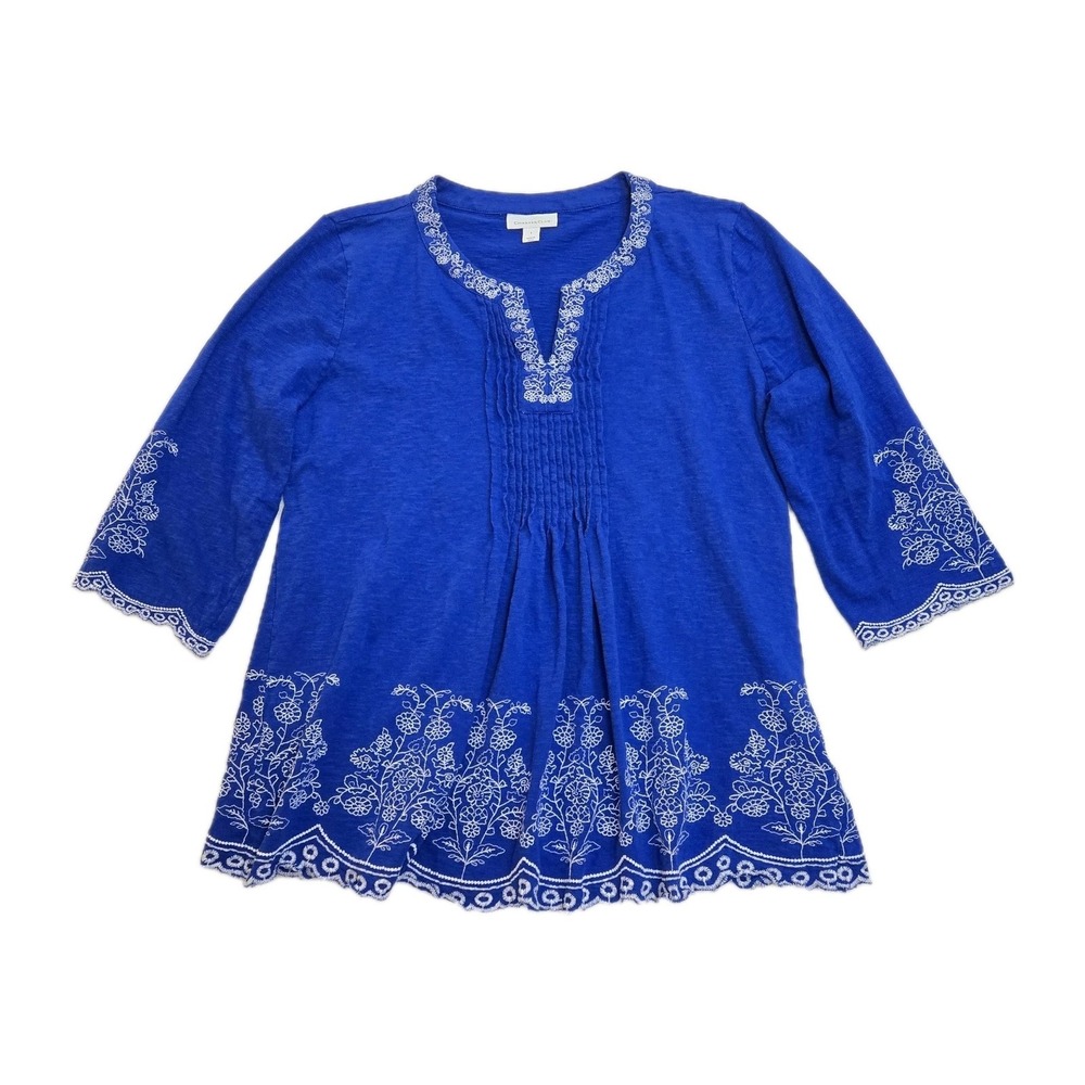Charter Club Embroidered Tunic Peasant Royal Blue 3/4 Bell Sleeve‎ 100% Cotton L